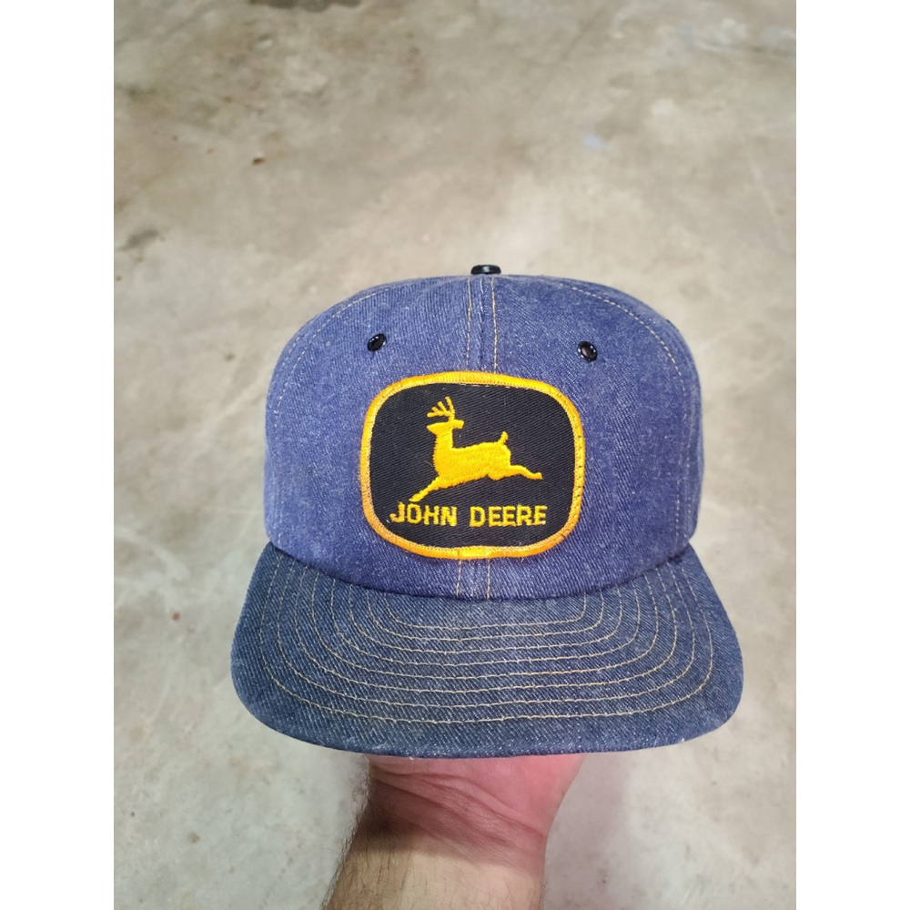 Vintage John Deere Denim Mesh Snap Back Patch Trucker Hat Cap made in USA